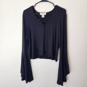 Chic Black Lace-Up Flare Sleeve Top